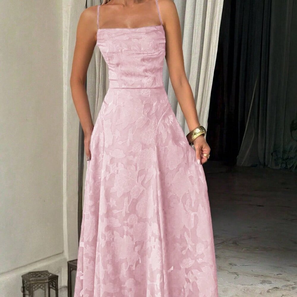 Pink Elegant Women's Lace-Up Backless Lace Dress